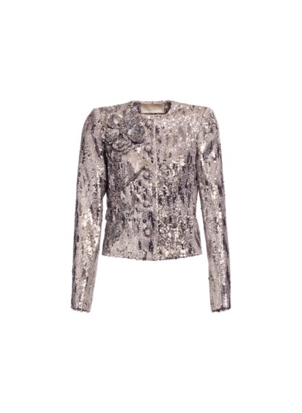 Elie Saab Embellished Sequins Jacket in Silver featuring Floral Applique on Sequins – Luxury Designer Fashion at Luxury Shoes .