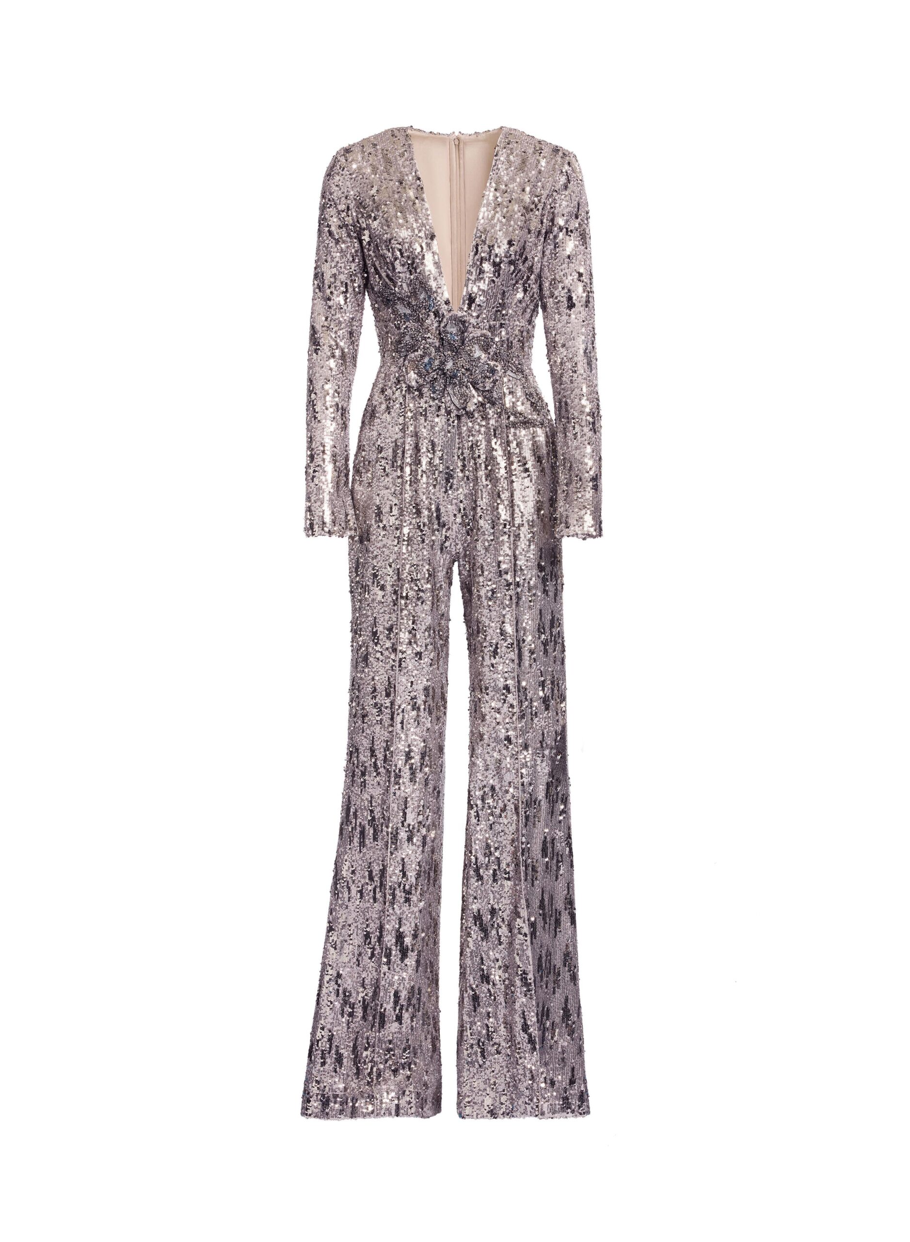Elie Saab Embellished Sequins Jumpsuit Elie Saab Embellished Sequins Jumpsuit in Silver featuring Floral Applique on Sequins – Luxury Designer Fashion at Luxury Shoes .