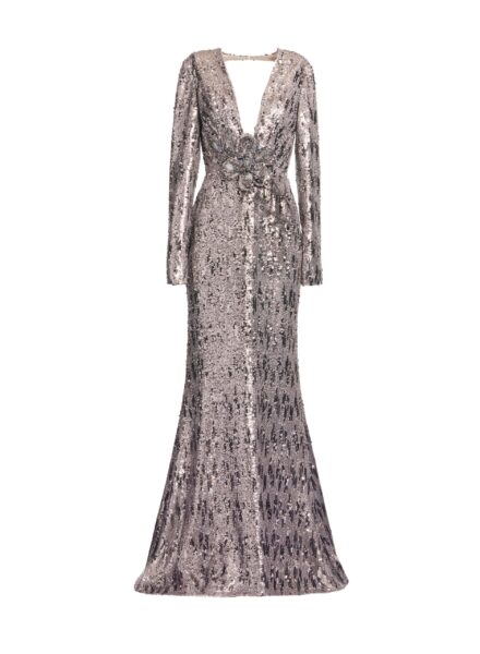Elie Saab Embellished Sequins Open-Back Dress in Silver featuring Floral Applique on Sequins – Luxury Designer Fashion at Luxury Shoes .