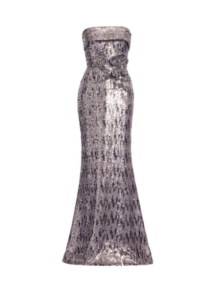 Elie Saab Embellished Sequins Strapless Gown in Silver featuring Floral Applique on Sequins – Luxury Designer Fashion at Luxury Shoes .