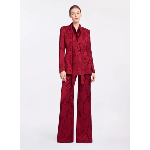Elie Saab Flared Jacquard Pants in Red featuring High Rise – Luxury Designer Fashion at Luxury Shoes .