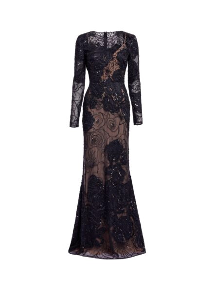 Elie Saab Floral Bead Embroidered Dress in Black featuring Round Neck – Luxury Designer Fashion at Luxury Shoes .