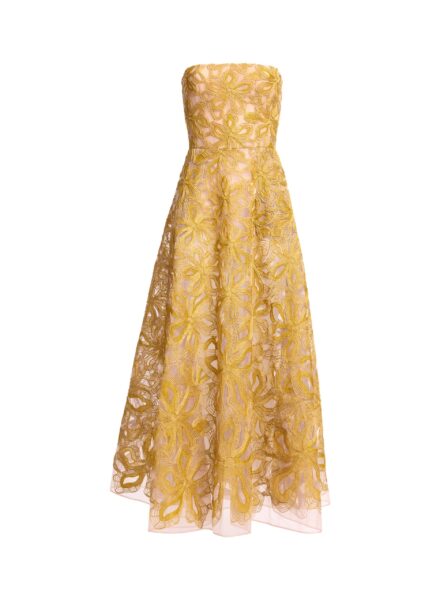 Elie Saab Floral Embroidered Strapless Dress in Yellow featuring Floral Yarn Embroidery – Luxury Designer Fashion at Luxury Shoes .