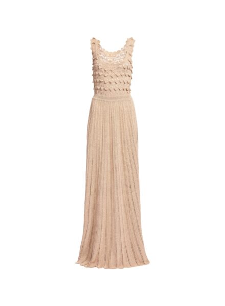 Elie Saab Gold Crochet Dress in Gold featuring Scoop Neck – Luxury Designer Fashion at Luxury Shoes .
