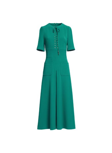 Elie Saab Lace Up Cady Midi Dress in Green featuring Top-Stitch Details – Luxury Designer Fashion at Luxury Shoes .