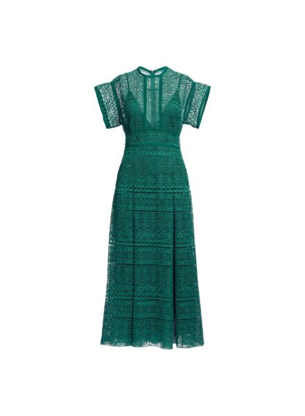Elie Saab Macramé Midi Dress in Green featuring Round Neck – Luxury Designer Fashion at Luxury Shoes .