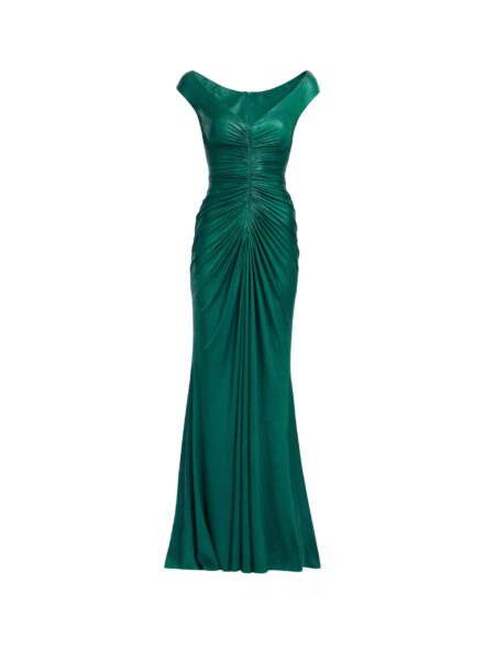 Elie Saab Off-The-Shoulder Jersey Leatherette Long Dress in Green featuring Off-The-Shoulder – Luxury Designer Fashion at Luxury Shoes .
