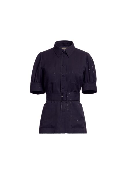 Elie Saab Pinstripe Crepe Shirt in Black featuring Classic Collar – Luxury Designer Fashion at Luxury Shoes .