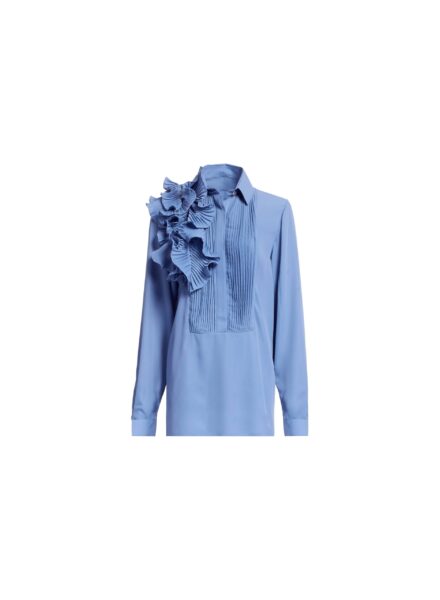 Elie Saab Pleated Ruffle Chiffon Shirt in Blue featuring Pleated Ruffle Details – Luxury Designer Fashion at Luxury Shoes .