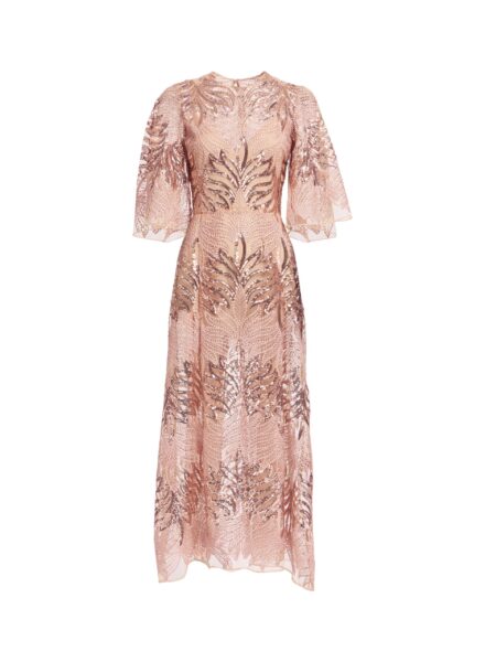 Elie Saab Sequin Embroidered Midi Dress in Pink featuring Round Neck – Luxury Designer Fashion at Luxury Shoes .