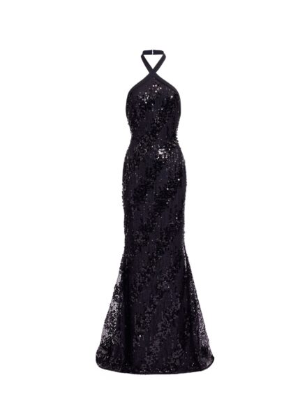 Elie Saab Sequins Halter Long Dress in Black featuring Halter Neck – Luxury Designer Fashion at Luxury Shoes .