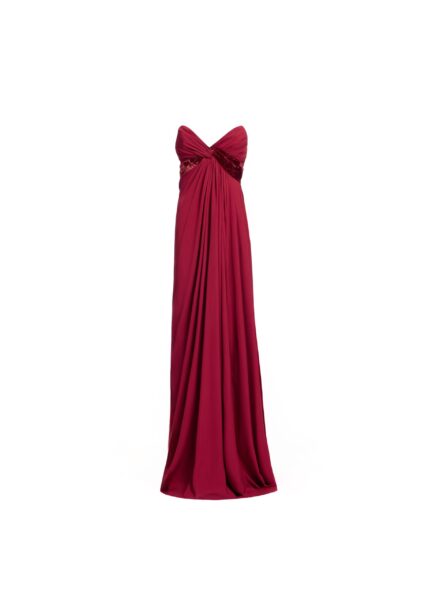 Elie Saab Silk And Velvet Long Dress in Red featuring Velvet & Silk Draped Bust – Luxury Designer Fashion at Luxury Shoes .
