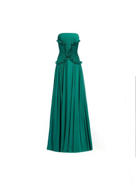 Elie Saab Silk Long Dress in Green featuring Ruffle Details – Luxury Designer Fashion at Luxury Shoes .