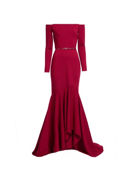 Elie Saab Structured Jersey Long Dress in Red featuring Off-The-Shoulder – Luxury Designer Fashion at Luxury Shoes .