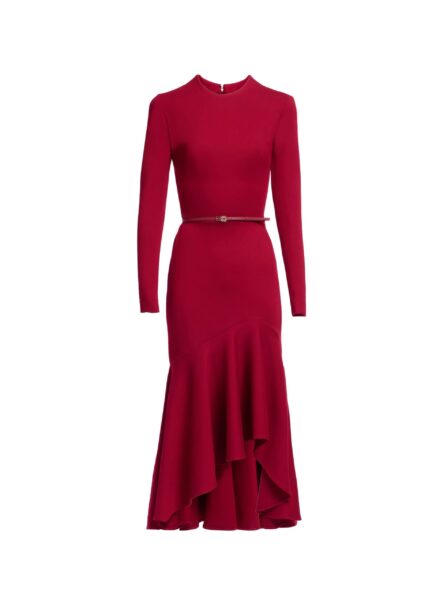 Elie Saab Structured Jersey Midi Dress in Red featuring Round Neck – Luxury Designer Fashion at Luxury Shoes .
