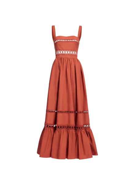 Elie Saab Trim Embellished Cotton Midi Dress in Orange featuring Macramé Trim Embellishments – Luxury Designer Fashion at Luxury Shoes .