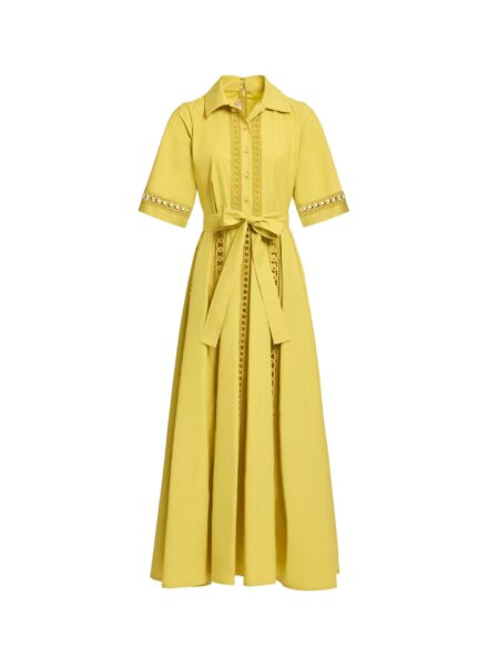 Elie Saab Trim Embellished Cotton Shirt Dress in Yellow featuring Macramé Trim Embellishments – Luxury Designer Fashion at Luxury Shoes .