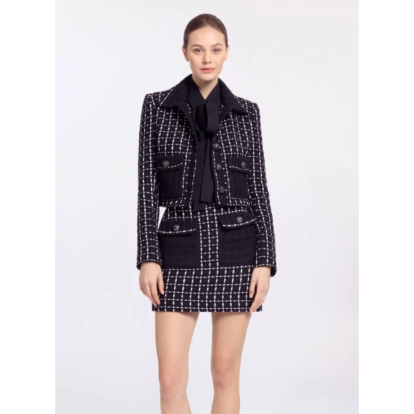 Elie Saab Tweed Short Skirt in White featuring Black & White Tweed – Luxury Designer Fashion at Luxury Shoes .