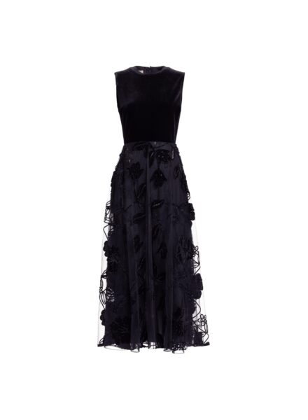 Elie Saab Velvet Embroidered Midi Dress in Black featuring Round Neck – Luxury Designer Fashion at Luxury Shoes .