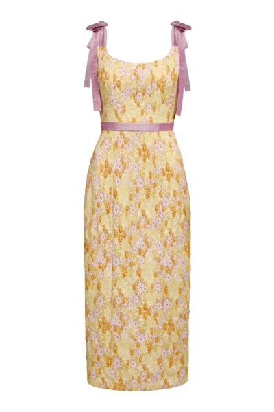 Markarian gown with romantic neckline and structured silhouette