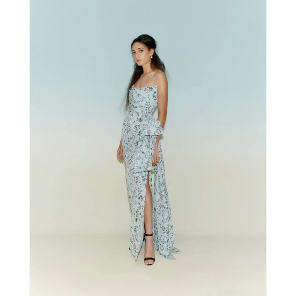 Markarian dress with romantic neckline and structured silhouette