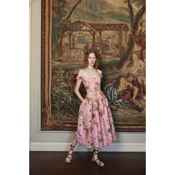 Markarian dress with romantic neckline and structured silhouette