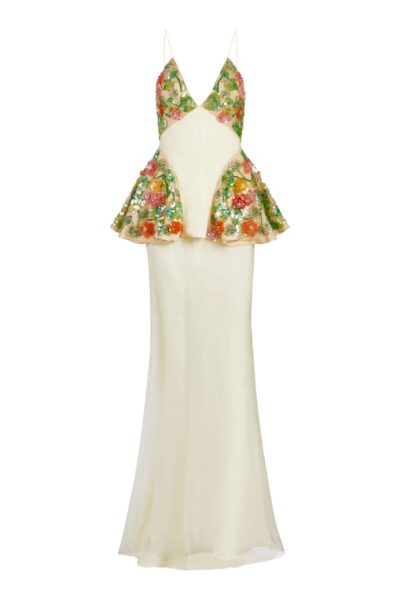 Markarian gown with romantic neckline and structured silhouette