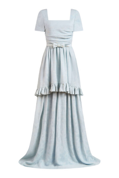 Markarian gown with romantic neckline and structured silhouette