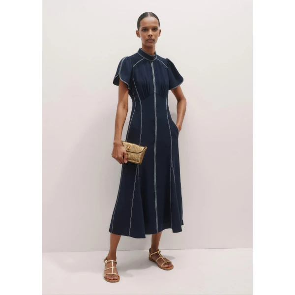 Me + Em Contrast Stitch Midi Dress – luxury British Blue in Me and Em exclusively at Luxury Shoes 