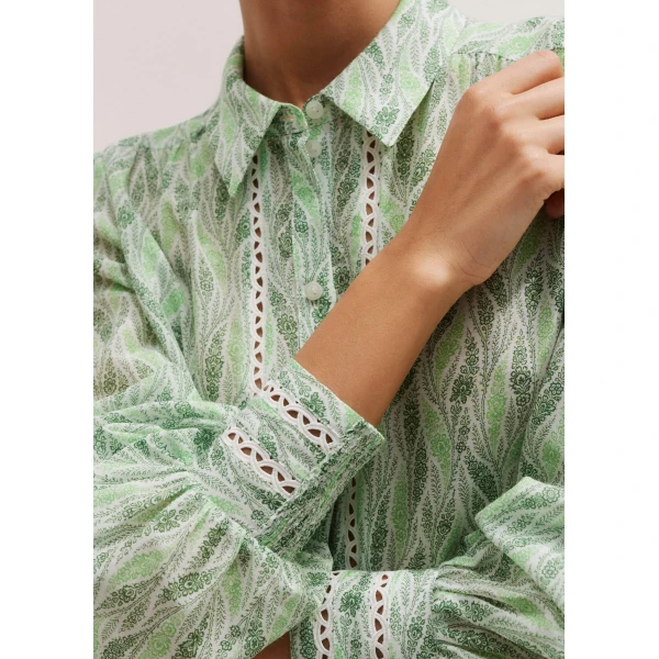 Me and Em Silk Cotton Climbing Feather Print Blouse – luxury British Green in Me and Em exclusively at Luxury Shoes 