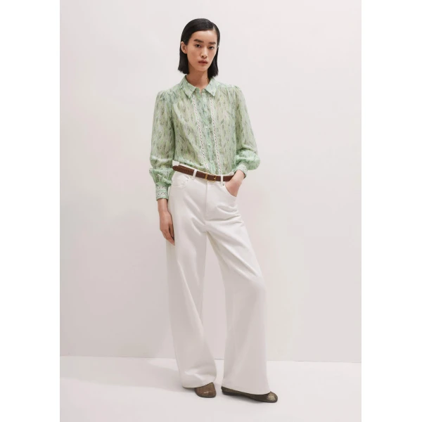 Me and Em Silk Cotton Climbing Feather Print Blouse – luxury British Green in Me and Em exclusively at Luxury Shoes 