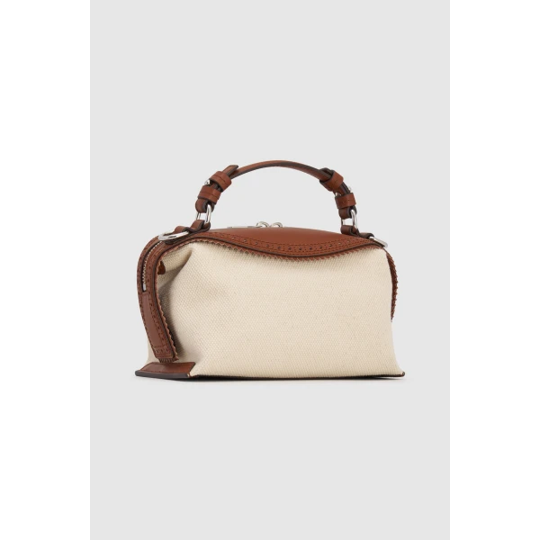 Back product shot of the Oroton MICA MINI BOWLER CANVAS BROGUING in NATURAL/PENNY BROWN and Premium canvas material for Women