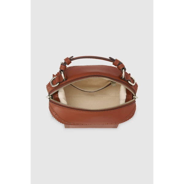 Internal product shot of the Oroton MICA MINI BOWLER CANVAS BROGUING in NATURAL/PENNY BROWN and Premium canvas material for Women