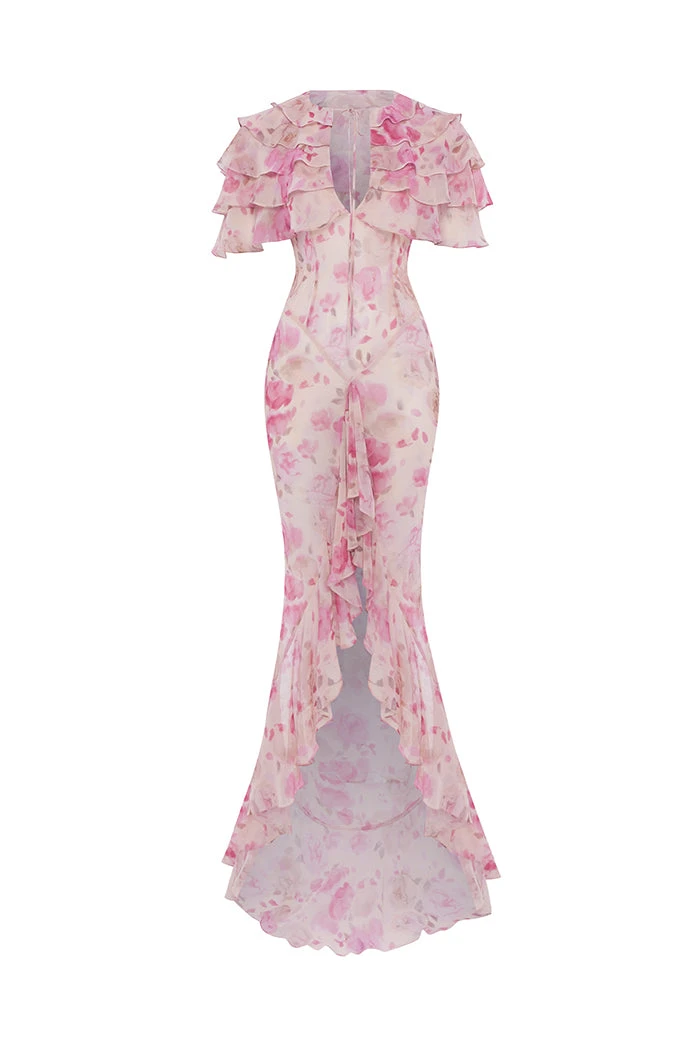 Rasario Printed Chiffon Maxi Dress With Ruffles And Flounces Rasario Floral Dress – couture evening dress