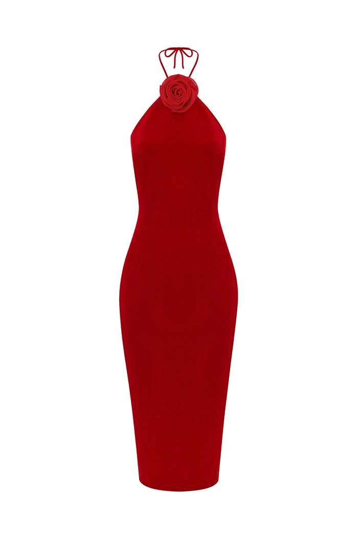 Rasario Midi Velvet Dress With A Flower Rasario Velvet Dress – couture evening dress