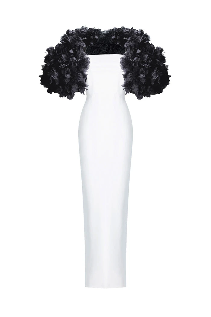 Rasario Crepe Maxi Dress With Floral Trim Rasario Crepe Dress – couture evening dress