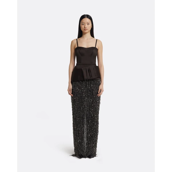 Sorai Long Dress In Peat Brown On Black by Safiyaa ‚Äì luxury dresses in Black available at Luxury Shoes 