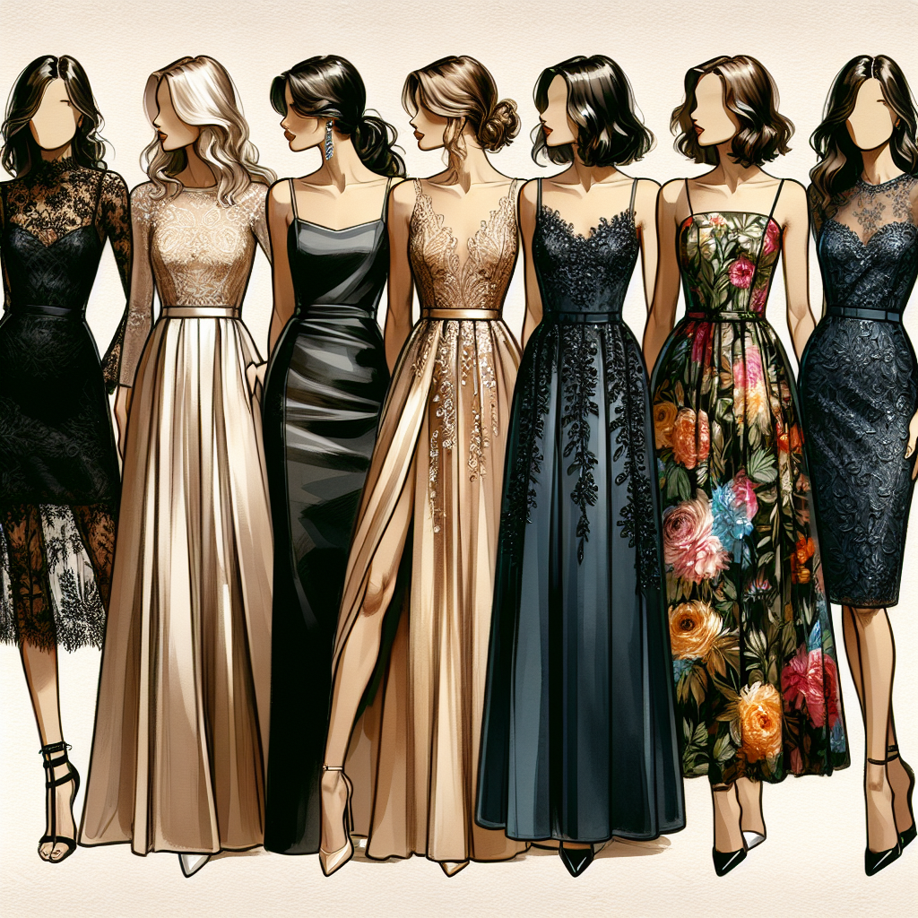 Must-Have Wedding Guest Dresses for Every Style Visualize an array of elegant wedding guest dresses fit for a wide range of styles. Picture a stylish scene with five different dresses on display, each tailored for a unique fashion preference. The first is a sleek, black lace dress for the modern chic woman, the second a classic, luxurious satin gown in champagne for the timeless classic woman. Third is a vibrant floral maxi dress for the bohemian akin. Fourth is a tailored, knee-length cocktail dress in navy blue for the minimalist, and lastly a bright, sequined party dress for the dazzling extrovert woman.
