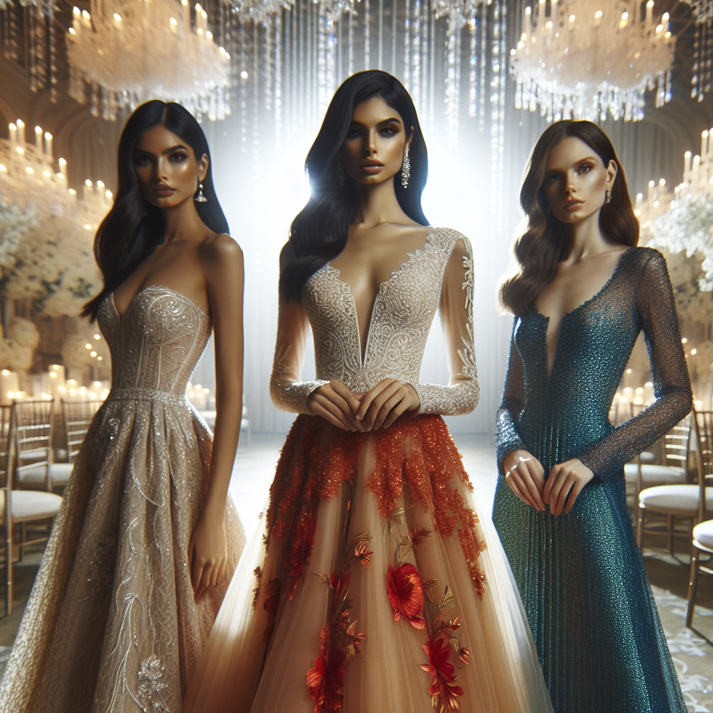 Stunning Dresses for Wedding Guests: Find Yours Now Envision an elegantly set wedding venue with light-filled, sumptuous decorations. In this beautiful setting, focus on three women wedding guests of varying descents: a South Asian woman, a Hispanic woman and a Caucasian woman. Each of them is wearing a stunning, uniquely styled wedding guest dress that demonstrates individuality, fashionable taste, and occasion-specific elegance. The South Asian woman's dress gracefully incorporates traditional elements, the Hispanic woman's gown mesmerizes with vibrant colors, and the Caucasian woman captivates in a modern minimalist elegance. Allow the fabrics to flow and glitter to catch the light, creating a stunning visual that are perfect for a wedding guest.