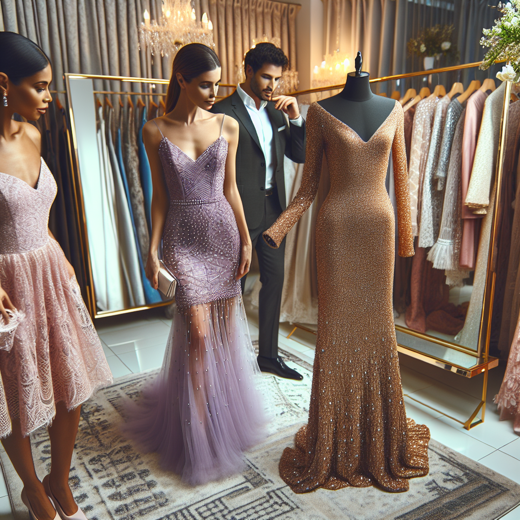 Imagine an array of popular choices for wedding guest dresses arranged in a boutique. On the left, a chic Middle-Eastern woman admiring a lavender-colored cocktail dress embellished with tiny pearls. On the right, a Caucasian man holding opulent gold sequinned floor-length gown, perfect for an evening wedding. In the center, a Black woman examining a pastel pink lace dress, ideal for a day wedding. The boutique has a tasteful decor with warm lighting, full-length mirrors, and soft plush carpeting. Capturing the essence of how it feels to find a must-have wedding guest attire.