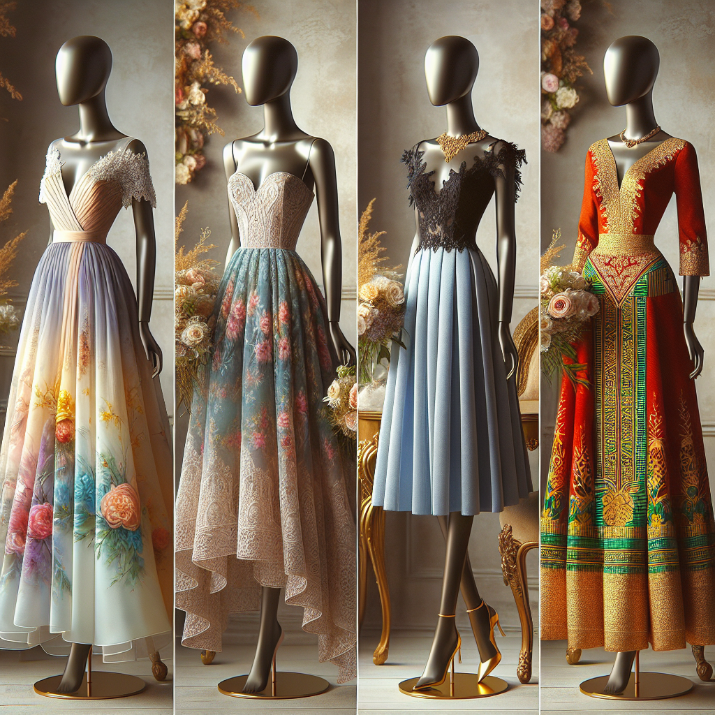 Discover Must-Have Wedding Guest Dresses Today Four wedding guest dresses displayed on mannequins. The first one is a flowing silk A-line dress with pastel hues, gracefully capturing the colors of a summer sunset; meant for a Caucasian woman. The second shows a sleek, knee-length black lace dress, balanced with delicate floral patterns, representing an elegant choice for a Hispanic woman. The third is a vibrant Ankara print midi dress, radiating energetic African aesthetics, suited for a Black woman. The last one is a beautiful red saree with golden embroideries, representing a traditional South Asian attire. A beautiful flower arrangement completes the scene.