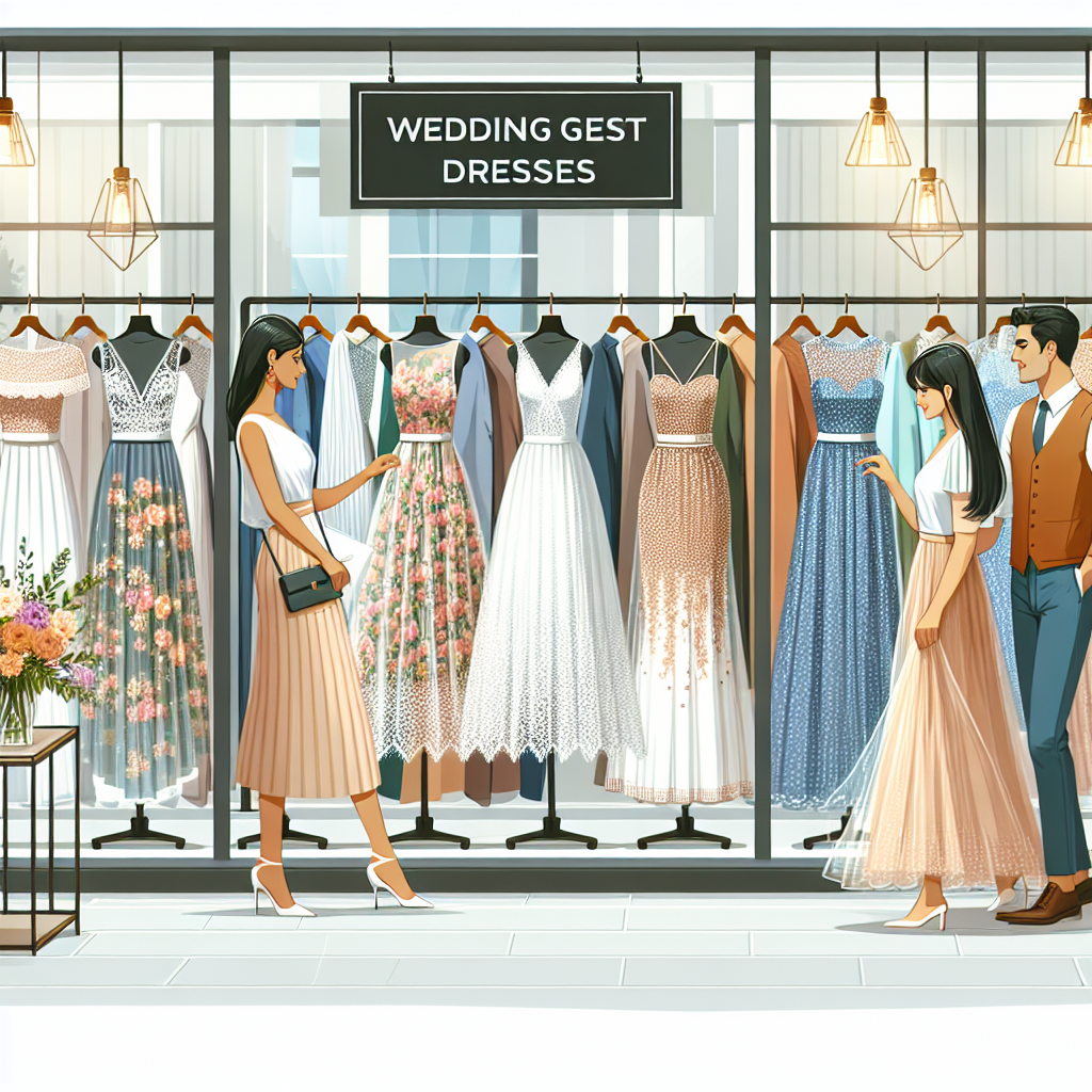 Find Stunning Wedding Guest Dresses Nearby Depict a well-lit boutique lined with diverse racks of stunning wedding guest dresses. The dresses represent a variety of styles and colors, perfect for guests attending different types of weddings. Include details such as a lace sheath dress, a floral print maxi dress, an elegant jumpsuit, and a classic cocktail dress. Show a South Asian woman and a Hispanic man examining the collection, both visibly pleased with the selection. The shop signage reads 'Wedding Guest Dresses' with an arrow pointing to the display. Outside the shop, a sign indicates 'Local Boutique'.