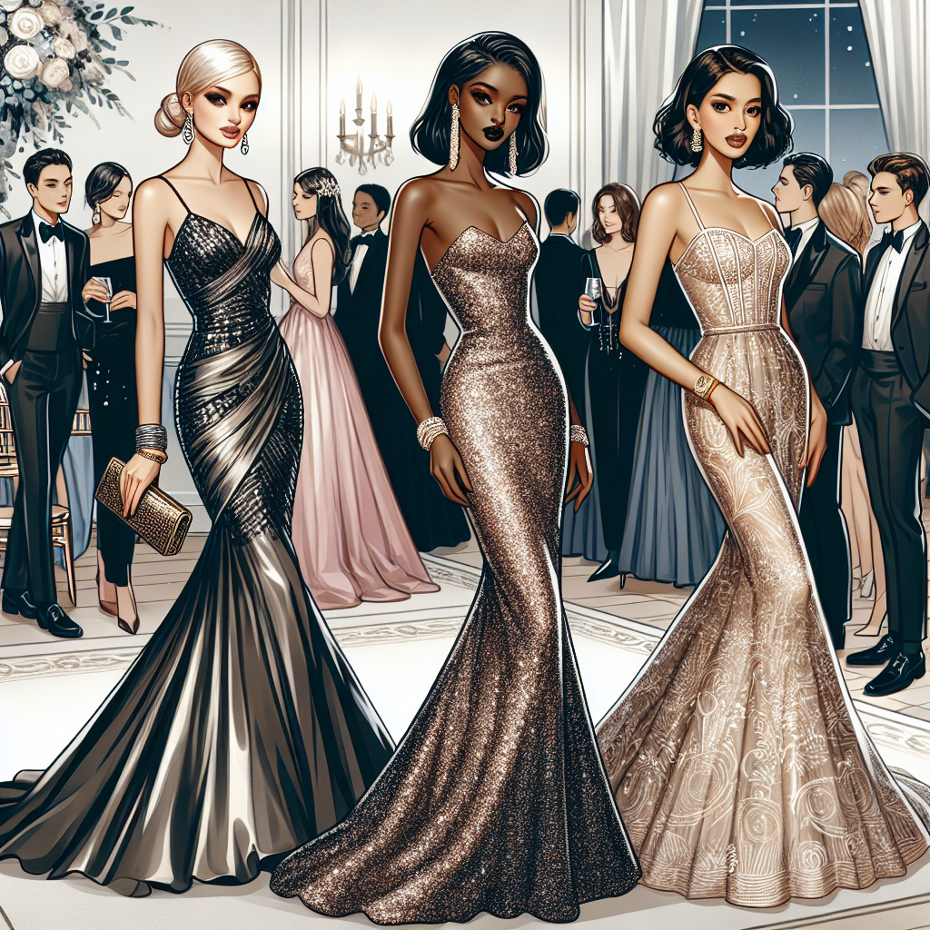 Create an attractive image of a high-fashion black tie wedding ceremony. Illustrate a scene where the guests are each adorned with unique, stunning dresses. A foreground of 3 diverse women: one Hispanic woman wearing a glamorous, floor-length satin gown; one black woman draped in a chic, sequined mermaid dress; and one South Asian woman sporting an intricate lace dress. The background should depict other guests in sophisticated dress, the wedding decor, and an overall ambiance of elegance.