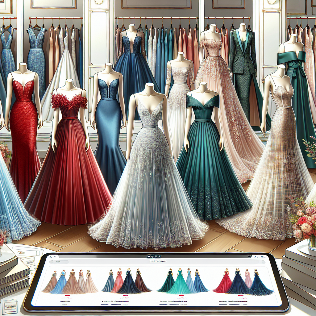 Find Stunning Wedding Guest Dresses Online Now! An image depicting an array of exquisite wedding guest dresses laid out for display. The scene is set in an elegant online fashion store setting, with a sleek user interface. The dresses come in varying styles, including A-line, mermaid, empire, and column silhouettes, showcasing diversely designed dresses for different body types. The dresses range in color from vibrant shades of red, blue, and green, to pastels and classic neutrals for a full spectrum of options. Each dress screams sophistication and style, perfect for a gala wedding event. In the background are tags indicating pricing and sizing, with options for online purchase.