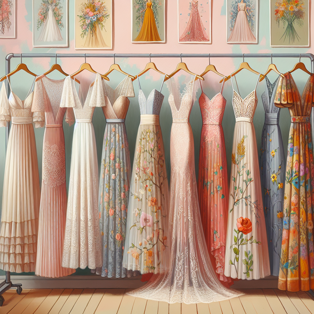 Find Stunning, Affordable Wedding Guest Dresses Imagine an array of beautiful and affordable wedding guest dresses. On a rack against a pastel painted wall, you see dresses of varying lengths, styles, and colors. From delicate mid-length lace dresses in pastel hues to vibrant, long, flowing maxi dresses with intricate details. There are dresses for a formal wedding: sleek and sophisticated with clean lines, and dresses perfect for a garden wedding: playfully floral and whimsically patterned. Each dress shows that you don't have to sacrifice style for affordability when attending a wedding. The material looks high-quality, the cuts flattering, demonstrating that being a guest at a wedding can also mean being a showstopper.