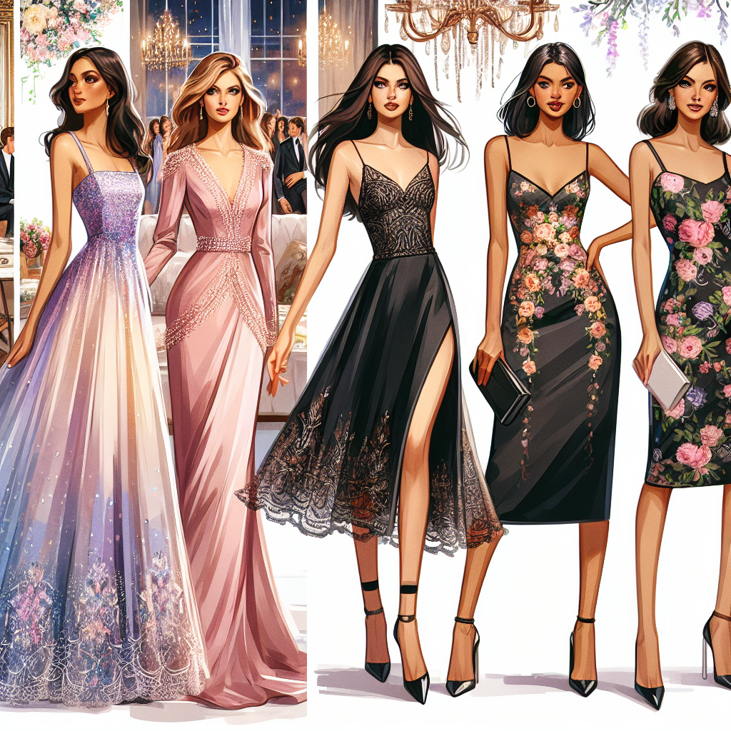 Find Stunning Guest Dresses for Effortless Style Picture this: various dresses perfect for attending an upscale event as a guest. Imagine in the forefront, a midsomer evening-inspired long, flowy dress in pastel colors, detailed with beaded lace for a South Asian woman. Next to it, a sleek knee-length black dress with asymmetric cut for a Caucasian woman. In the same scene, a floral print bodycon dress for an Hispanic woman, conveying the confidence and style of the wearer. In the background, a diverse set of people adorning such dresses with a touch of their unique personalities, all radiating effortless style.