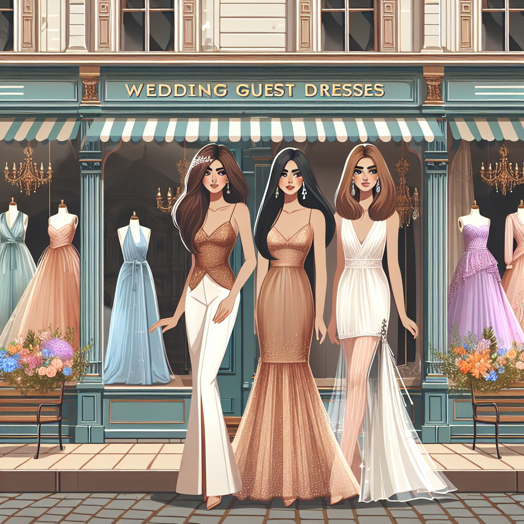 Exclusive Guide: Best Shops for Stunning Wedding Guest Dresses An exclusive guide that features the best shops for finding the most stunning wedding guest dresses. The scene shows three fashionably dressed women of different descents: a Hispanic woman, a Middle-Eastern woman and a South Asian woman, each showcasing a different, stylish wedding guest dress. They stand in front of a row of beautifully decorated shops, with their windows displaying a multitude of breathtakingly elegant dresses. The shops have unique architectural styles that suggest they are from diverse locations around the world, emphasizing the range and quality of choices available.