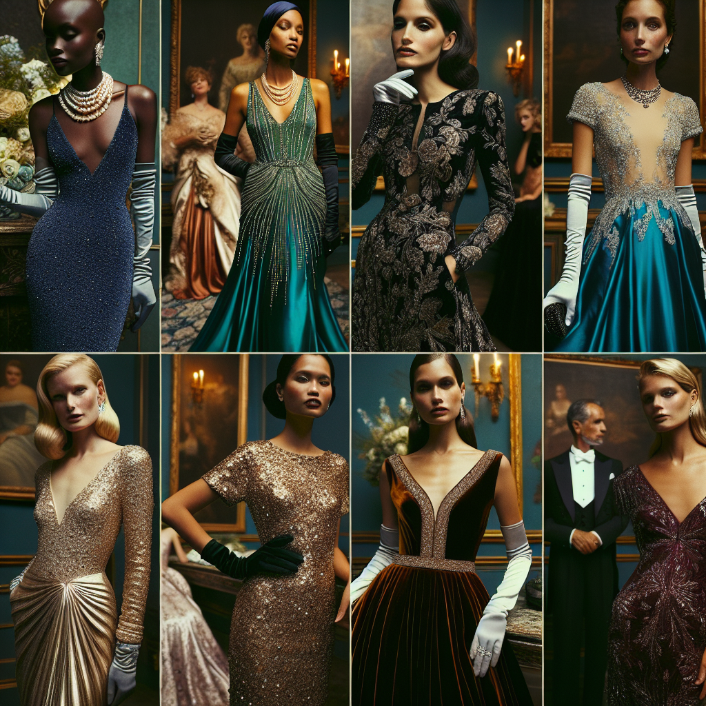 Discover Stunning Formal Wedding Guest Dresses Picture an opulent setting filled with diverse attendees at a formal wedding. Focus on an eclectic mix of five wedding guest dresses. One is a rich sapphire blue gown worn by a Black woman, adorned with elegant pearls and silk gloves. Second, imagine a South Asian woman in an emerald green cocktail dress with meticulously draped details. Thirdly, a Caucasian woman in a metallic gold sheath dress accented with shimmering sequins. Fourthly, a Middle Eastern woman in a flowing velvet burgundy maxi dress. Lastly, a Hispanic woman in a classic black and white ballgown, gracefully balancing tradition and modernity.