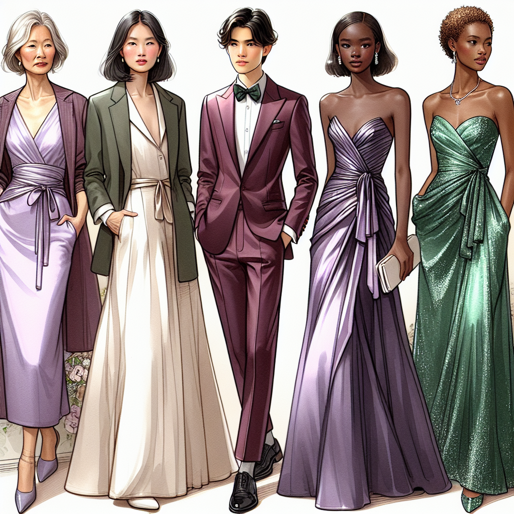 Discover Stunning Wedding Guest Dresses: Effortless Style Imagine a fashion catalogue showcasing an array of stunning wedding guest dresses. Picture first, a mature East Asian woman in an elegant lavender midi dress with a soft silk material and a flattering A-line cut. Next, visualize a young Middle-Eastern man donning a tailored burgundy blazer over a crisp white shirt, paired with a pair of dark slim-fit trousers. Finally, imagine a Black woman in her late 20's in a dazzling emerald off-shoulder maxi dress draped in a glamorous satin fabric with a fashionable tie-waist detail. All these outfits should exude an effortless style.