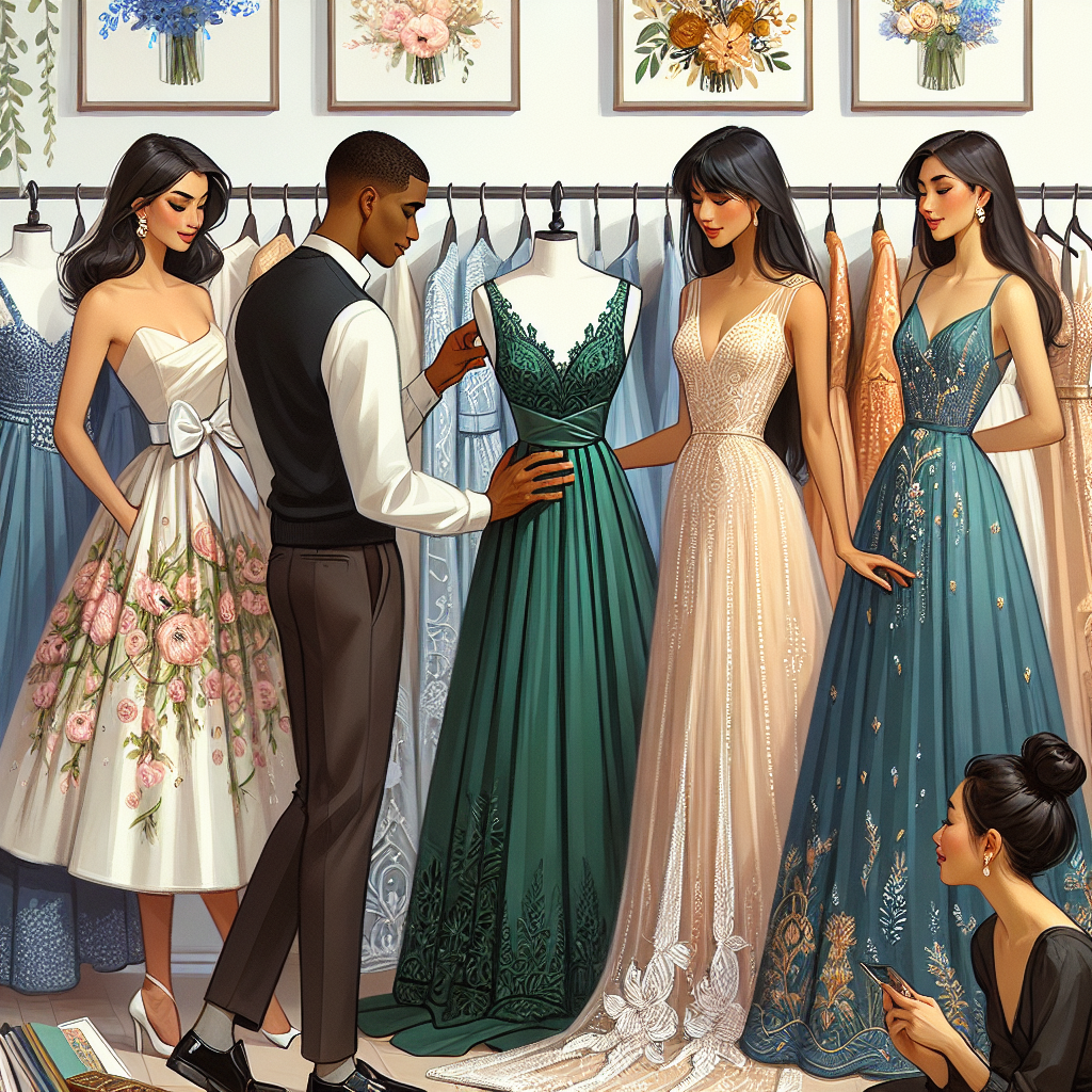 Find Must-Have Affordable Wedding Guest Dresses A display of various affordable wedding guest dresses in different styles, colors, and fabrics. On the left, a Hispanic woman is examining a soft, pastel-colored, knee-length dress, with delicate floral prints and a satin bow accent. In the center, a Black man is holding up a bold, emerald-green, long dress with intricate lace detailing. On the right, an Asian woman is holding up a chic, cream-colored, short dress with beautiful pearl embellishments. Coincidentally, a South Asian man nearby is also admiring a dress, a stunning deep blue, floor-length gown with golden embroidery. Each person's expression exudes satisfaction at finding these hidden affordable gems. Wall prints provide additional wedding-themed ambiance.